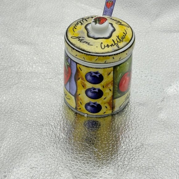 Hand-Painted Fruit-Themed Porcelain Jam Jar With Lid & Spoon‎ Set By MSC Berries - Picture 7 of 16